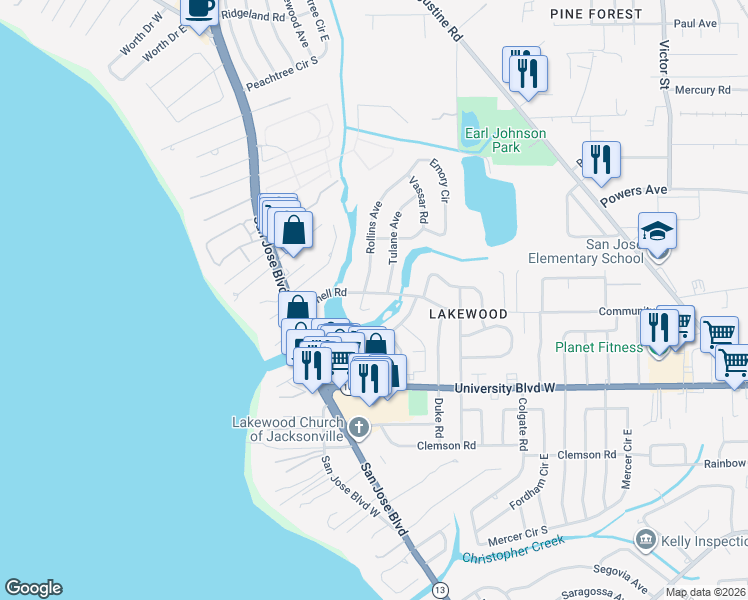 map of restaurants, bars, coffee shops, grocery stores, and more near 5405 Rollins Avenue in Jacksonville