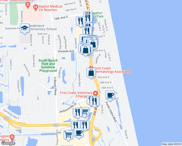 map of restaurants, bars, coffee shops, grocery stores, and more near 3200 3rd Street South in Jacksonville Beach