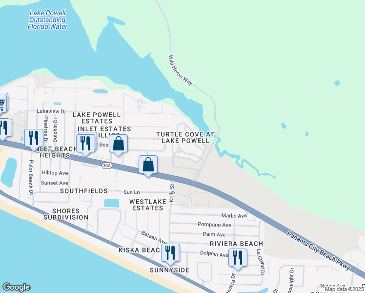 map of restaurants, bars, coffee shops, grocery stores, and more near 126 Turtle Cove in Panama City Beach