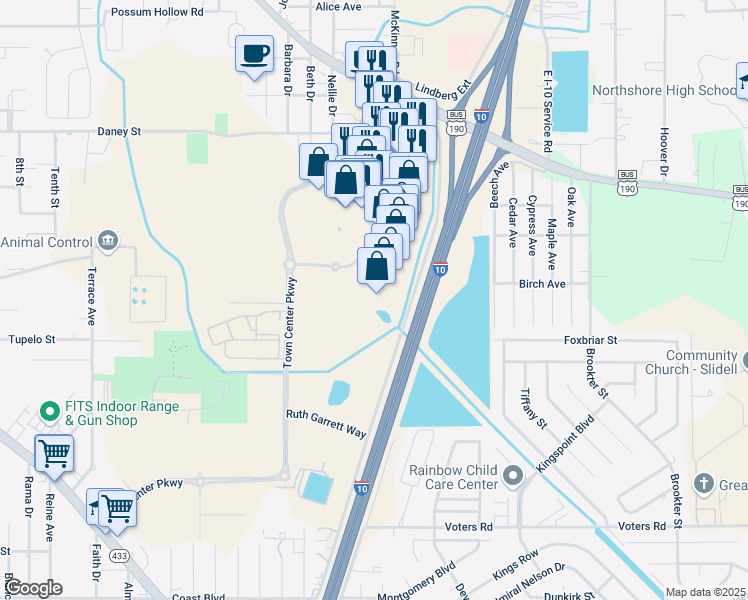 map of restaurants, bars, coffee shops, grocery stores, and more near 310 Town Center Parkway in Slidell