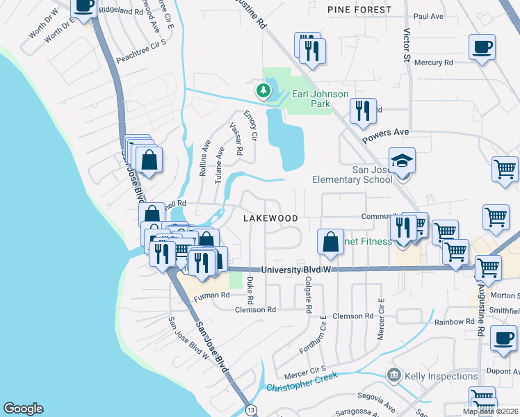 map of restaurants, bars, coffee shops, grocery stores, and more near 1839 Cornell Road in Jacksonville