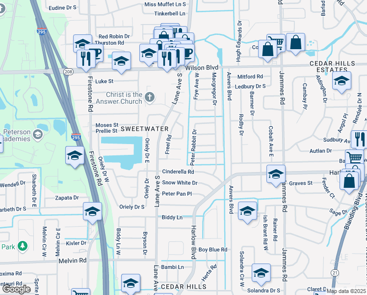 map of restaurants, bars, coffee shops, grocery stores, and more near 6801 Blanco Court in Jacksonville