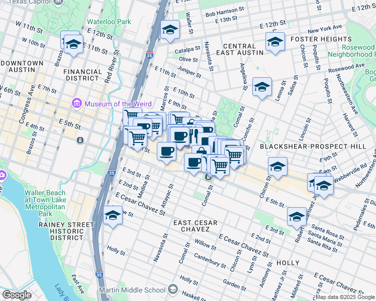 map of restaurants, bars, coffee shops, grocery stores, and more near 1300 East 6th Street in Austin