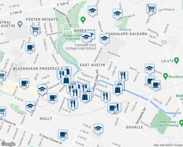 map of restaurants, bars, coffee shops, grocery stores, and more near 807 Maude Street in Austin
