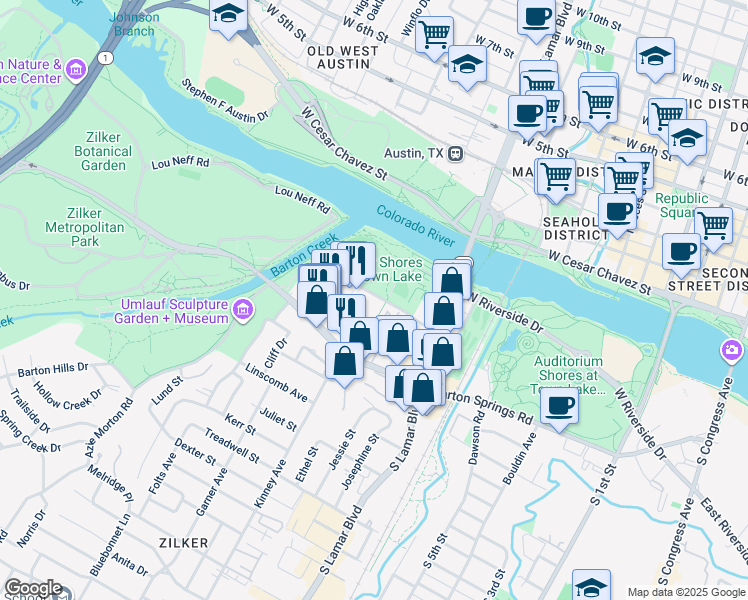 map of restaurants, bars, coffee shops, grocery stores, and more near 1600 Barton Springs Road in Austin