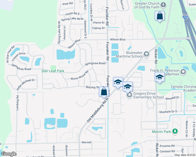 map of restaurants, bars, coffee shops, grocery stores, and more near 3923 Bramble Road in Jacksonville
