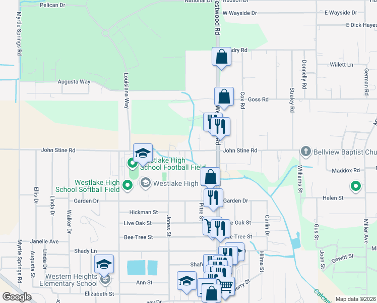 map of restaurants, bars, coffee shops, grocery stores, and more near 2399 Foster Ln in Westlake