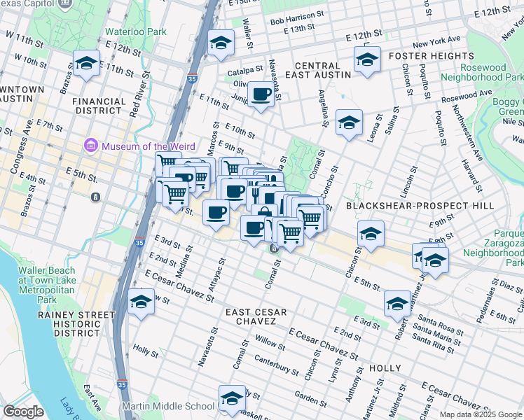 map of restaurants, bars, coffee shops, grocery stores, and more near Navasota Street in Austin