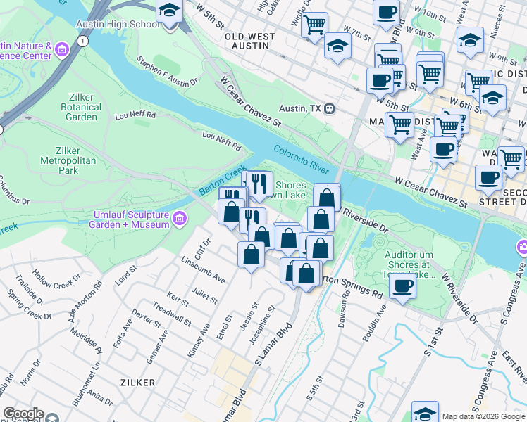 map of restaurants, bars, coffee shops, grocery stores, and more near 1617 Toomey Road in Austin