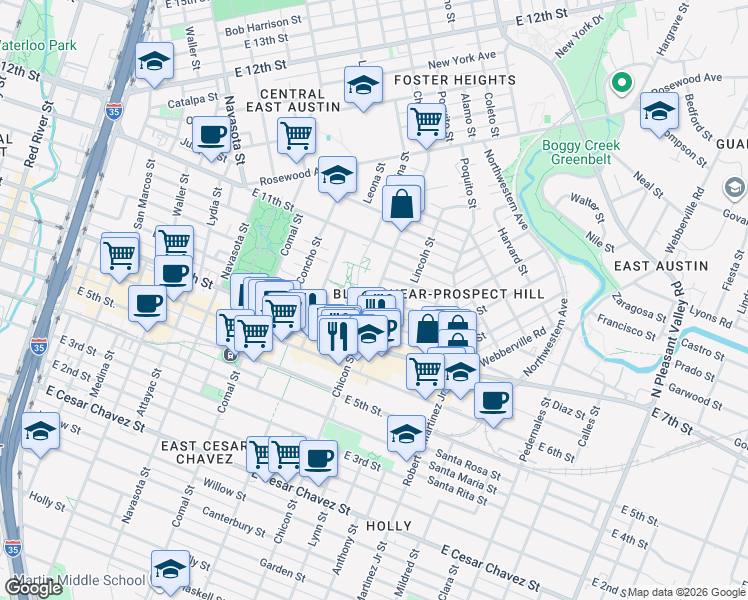map of restaurants, bars, coffee shops, grocery stores, and more near Chicon St & E 9th St in Austin