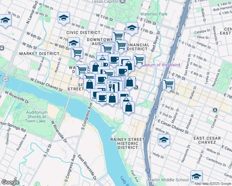 map of restaurants, bars, coffee shops, grocery stores, and more near 207 San Jacinto Boulevard in Austin