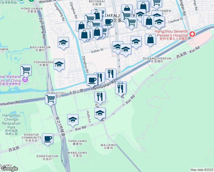 map of restaurants, bars, coffee shops, grocery stores, and more near Tian Mu Shan Lu in Hang Zhou Shi