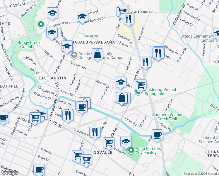 map of restaurants, bars, coffee shops, grocery stores, and more near 1103 Cherico Street in Austin