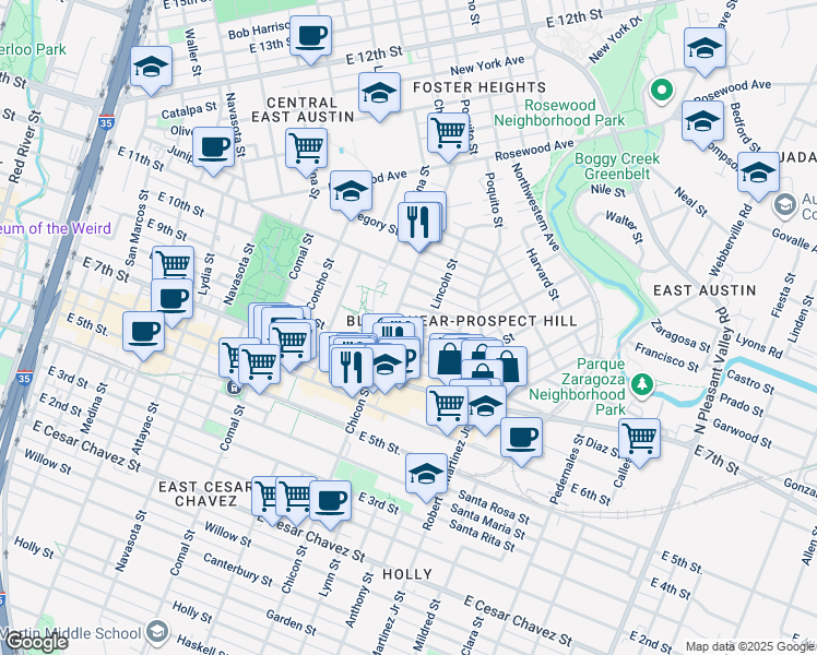 map of restaurants, bars, coffee shops, grocery stores, and more near 1910 East 9th Street in Austin