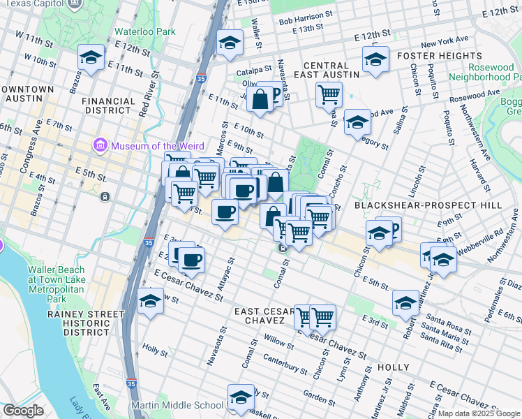 map of restaurants, bars, coffee shops, grocery stores, and more near 1209 East 6th Street in Austin