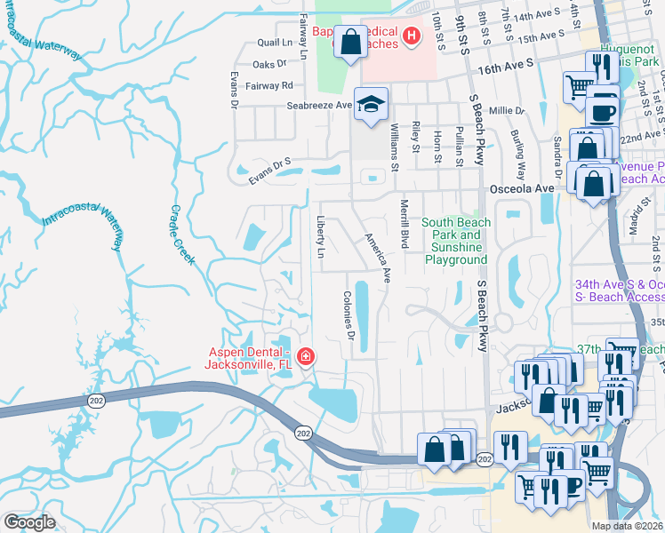 map of restaurants, bars, coffee shops, grocery stores, and more near 1511 Declaration Drive in Jacksonville Beach