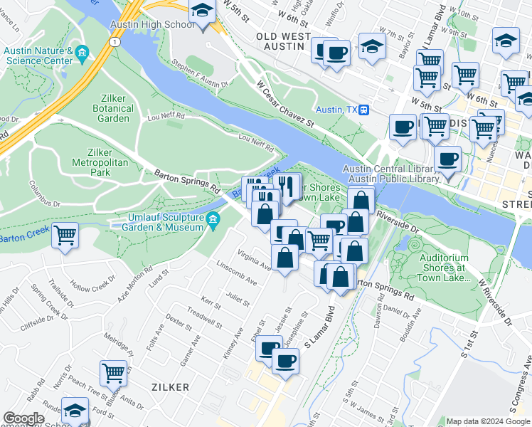 map of restaurants, bars, coffee shops, grocery stores, and more near 435 Sterzing Street in Austin