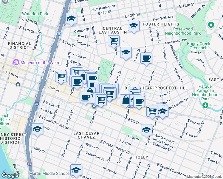 map of restaurants, bars, coffee shops, grocery stores, and more near 710 Concho Street in Austin