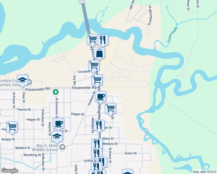 map of restaurants, bars, coffee shops, grocery stores, and more near 2600-2898 Fitzenreiter Road in Lake Charles