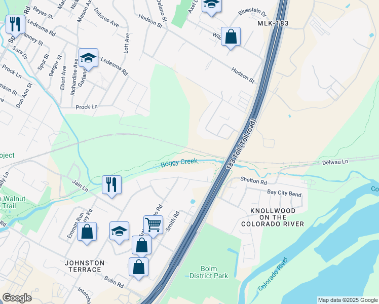 map of restaurants, bars, coffee shops, grocery stores, and more near Walnut Creek Hike and Bike Trail in Austin