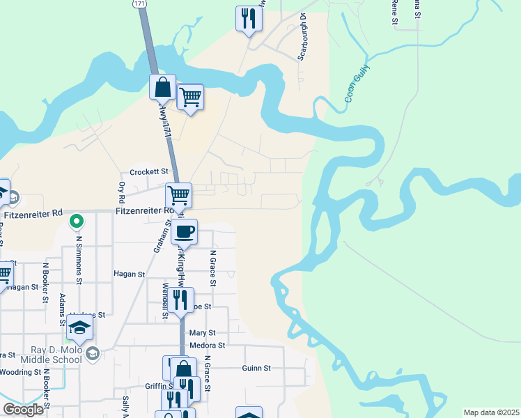 map of restaurants, bars, coffee shops, grocery stores, and more near 2898 Fitzenreiter Road in Lake Charles
