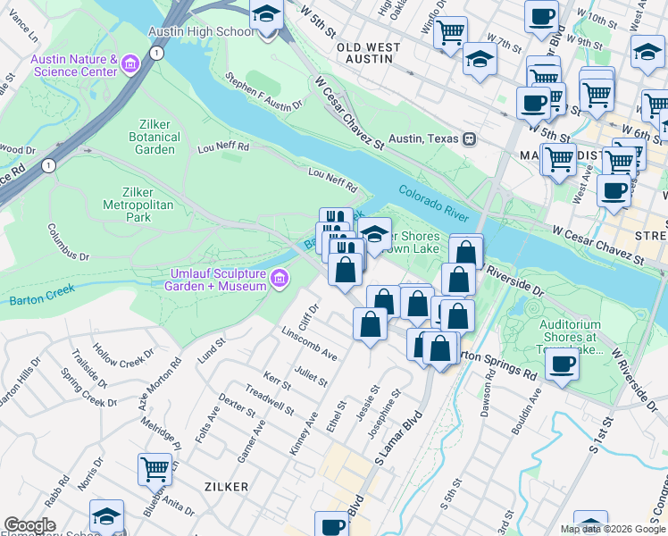 map of restaurants, bars, coffee shops, grocery stores, and more near 1872 Barton Springs Road in Austin