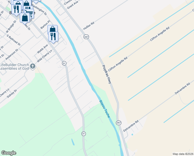 map of restaurants, bars, coffee shops, grocery stores, and more near 4080 Poydras Highway in Breaux Bridge