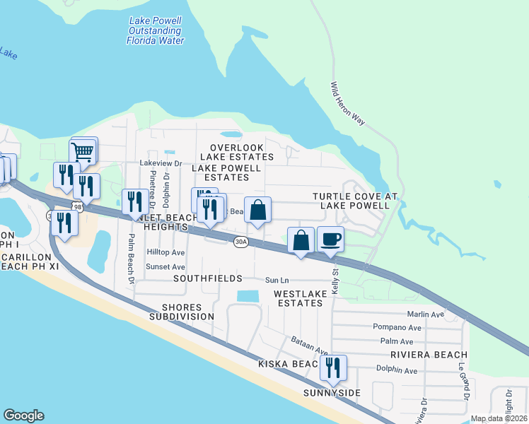 map of restaurants, bars, coffee shops, grocery stores, and more near 540 Gainous Road in Panama City Beach