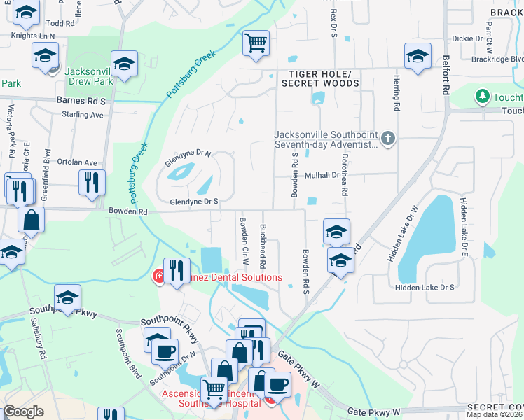 map of restaurants, bars, coffee shops, grocery stores, and more near 7486 Bowden Road in Jacksonville