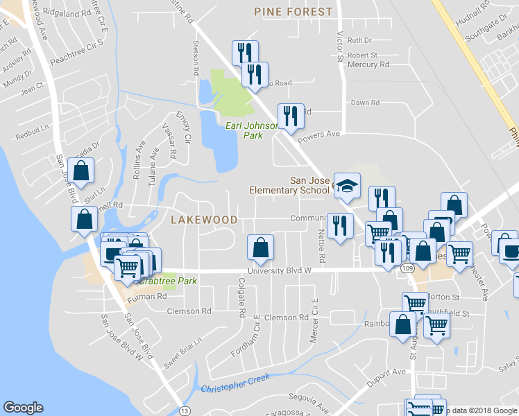 map of restaurants, bars, coffee shops, grocery stores, and more near 2416 Patsy Anne Drive in Jacksonville