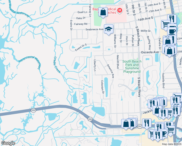 map of restaurants, bars, coffee shops, grocery stores, and more near 1593 Blue Heron Lane North in Jacksonville Beach