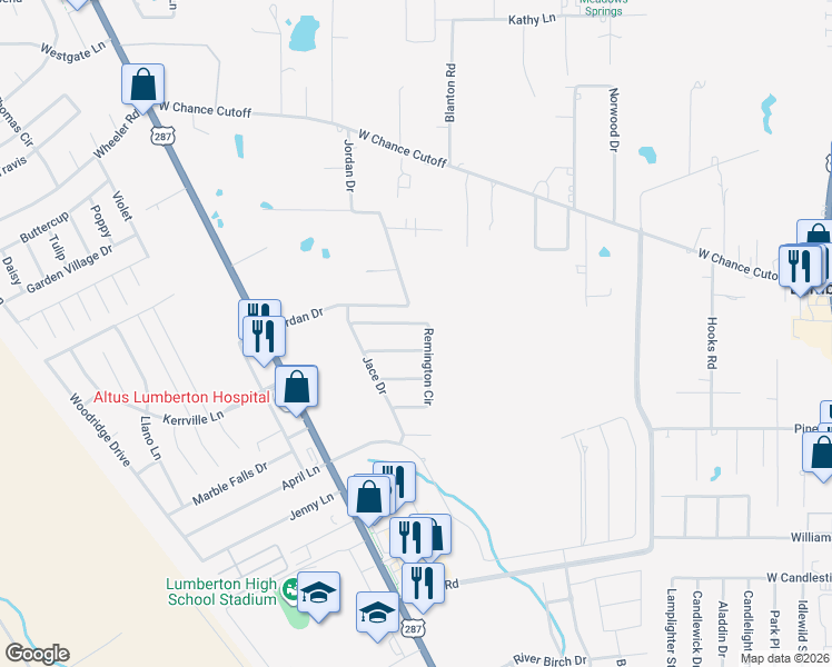 map of restaurants, bars, coffee shops, grocery stores, and more near 130 Remington Circle in Lumberton