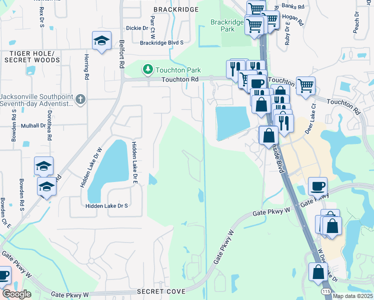 map of restaurants, bars, coffee shops, grocery stores, and more near 8443 Thornbush Court in Jacksonville