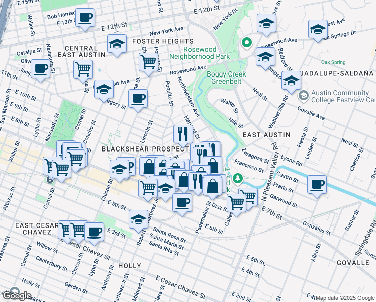 map of restaurants, bars, coffee shops, grocery stores, and more near E 9th St & Swenson Ave in Austin