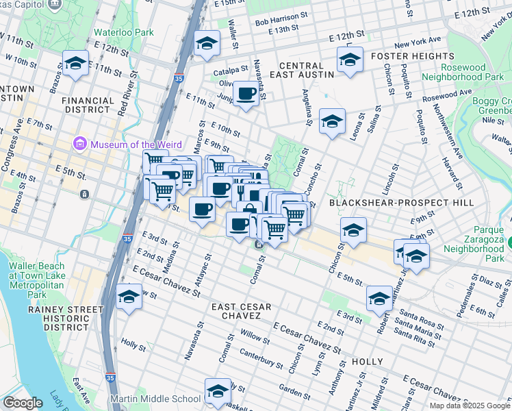 map of restaurants, bars, coffee shops, grocery stores, and more near 1405 East 7th Street in Austin