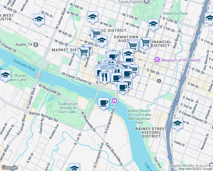 map of restaurants, bars, coffee shops, grocery stores, and more near 200 West Cesar Chavez Street in Austin