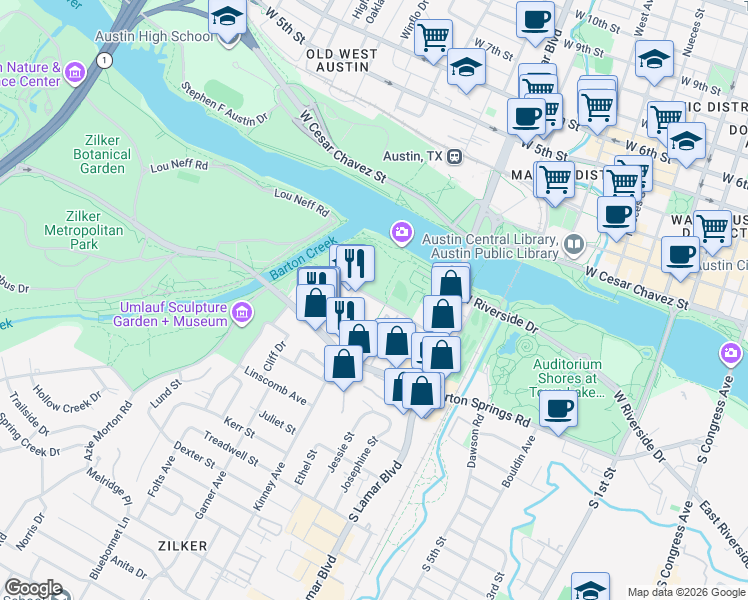 map of restaurants, bars, coffee shops, grocery stores, and more near 1617 Toomey Road in Austin