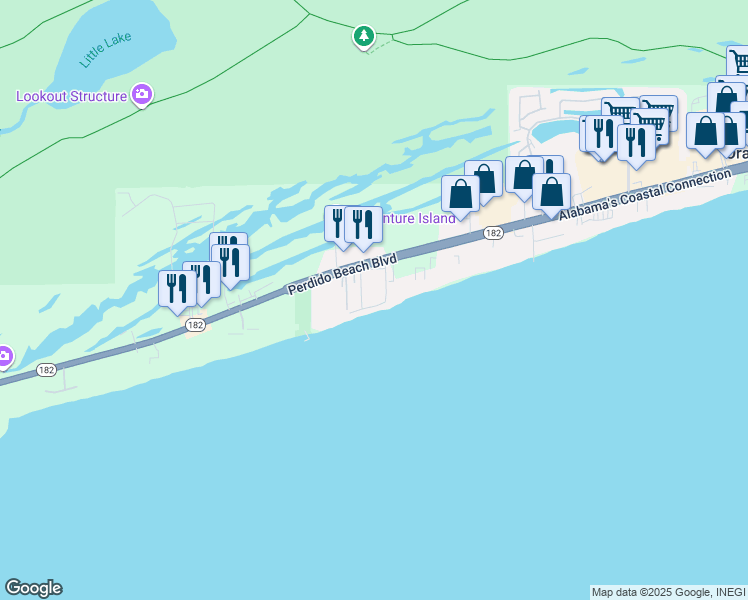 map of restaurants, bars, coffee shops, grocery stores, and more near 24649 Cross Lane in Orange Beach