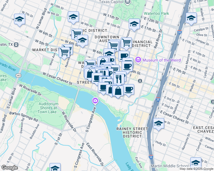 map of restaurants, bars, coffee shops, grocery stores, and more near 110 East 2nd Street in Austin