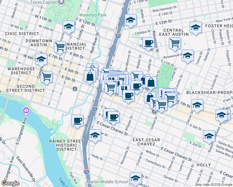 map of restaurants, bars, coffee shops, grocery stores, and more near 1000 East 5th Street in Austin
