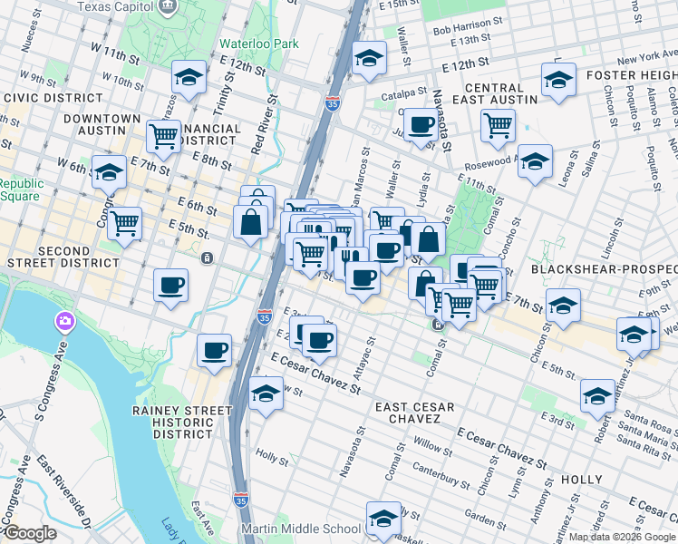 map of restaurants, bars, coffee shops, grocery stores, and more near 1020 East 5th Street in Austin
