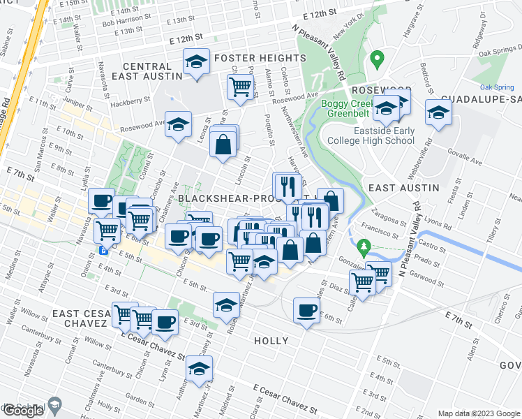 map of restaurants, bars, coffee shops, grocery stores, and more near East 10th Street & Prospect Avenue in Austin