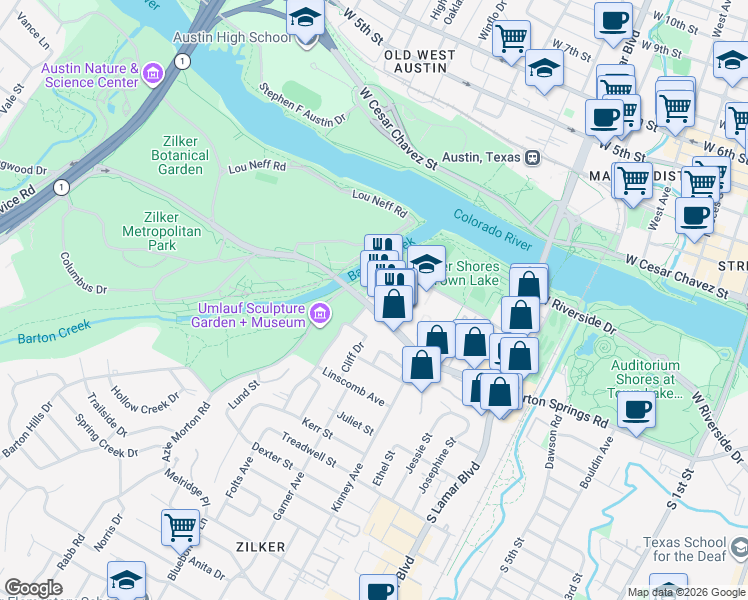 map of restaurants, bars, coffee shops, grocery stores, and more near 1872 Barton Springs Road in Austin