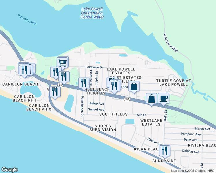 map of restaurants, bars, coffee shops, grocery stores, and more near 499 Gulf View Drive in Panama City Beach