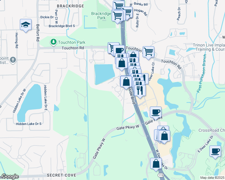 map of restaurants, bars, coffee shops, grocery stores, and more near Unnamed Road in Jacksonville