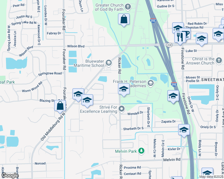 map of restaurants, bars, coffee shops, grocery stores, and more near 3948 Ricker Road in Jacksonville