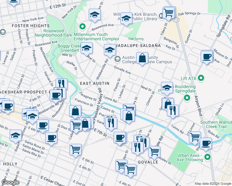 map of restaurants, bars, coffee shops, grocery stores, and more near 911 Linden Street in Austin