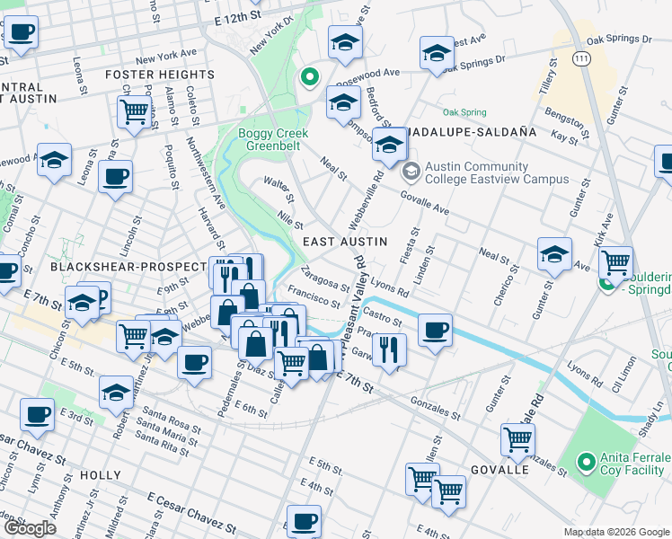 map of restaurants, bars, coffee shops, grocery stores, and more near 2704 Zaragosa Street in Austin