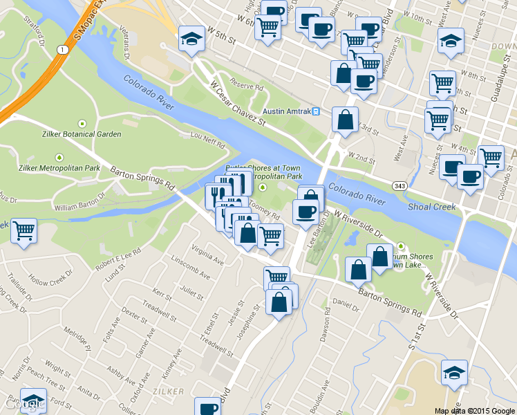 map of restaurants, bars, coffee shops, grocery stores, and more near 1617 Toomey Road in Austin