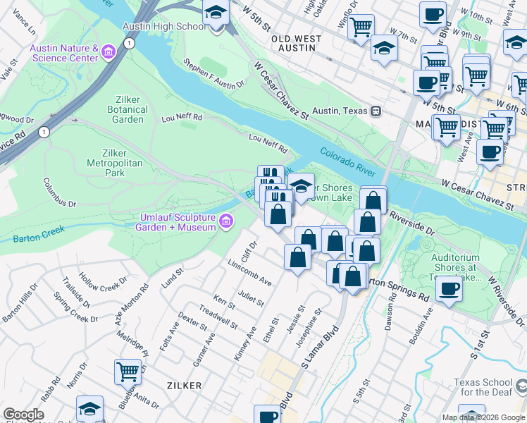 map of restaurants, bars, coffee shops, grocery stores, and more near 1872 Barton Springs Road in Austin